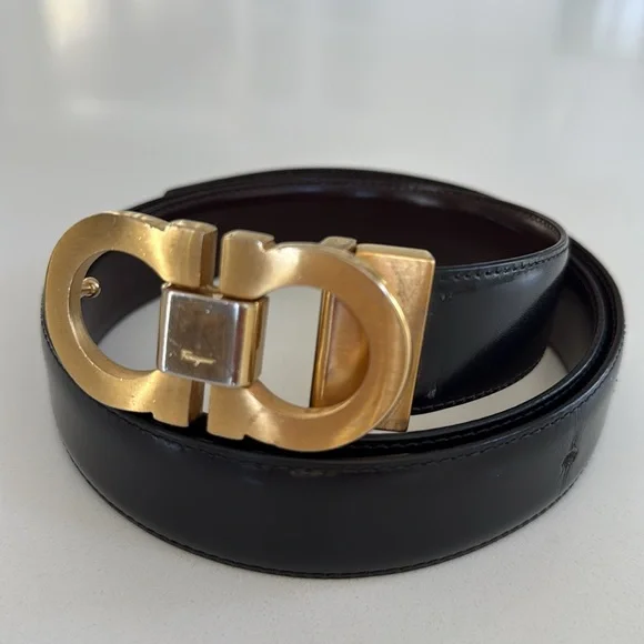 Salvatore Ferragamo Gold Dark Brown Leather Gancini Belt size 40”